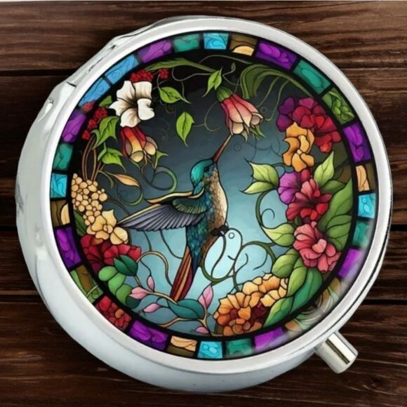 Mosaic Hummingbird Pill Box Medicine Mini Steel Case Mirrored Travel Purse Size - Picture 5 of 8